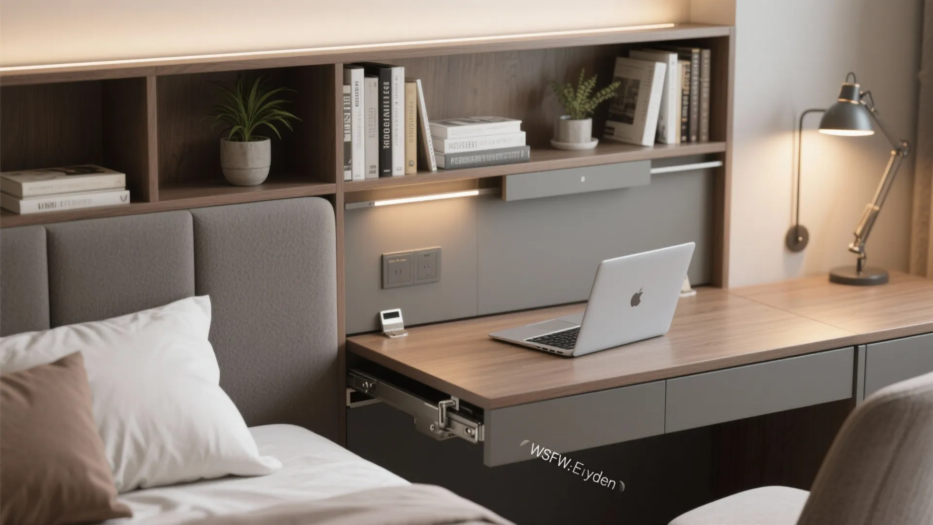 Integrated wooden headboard and desk with laptop books wall light and grey upholstered bed frame