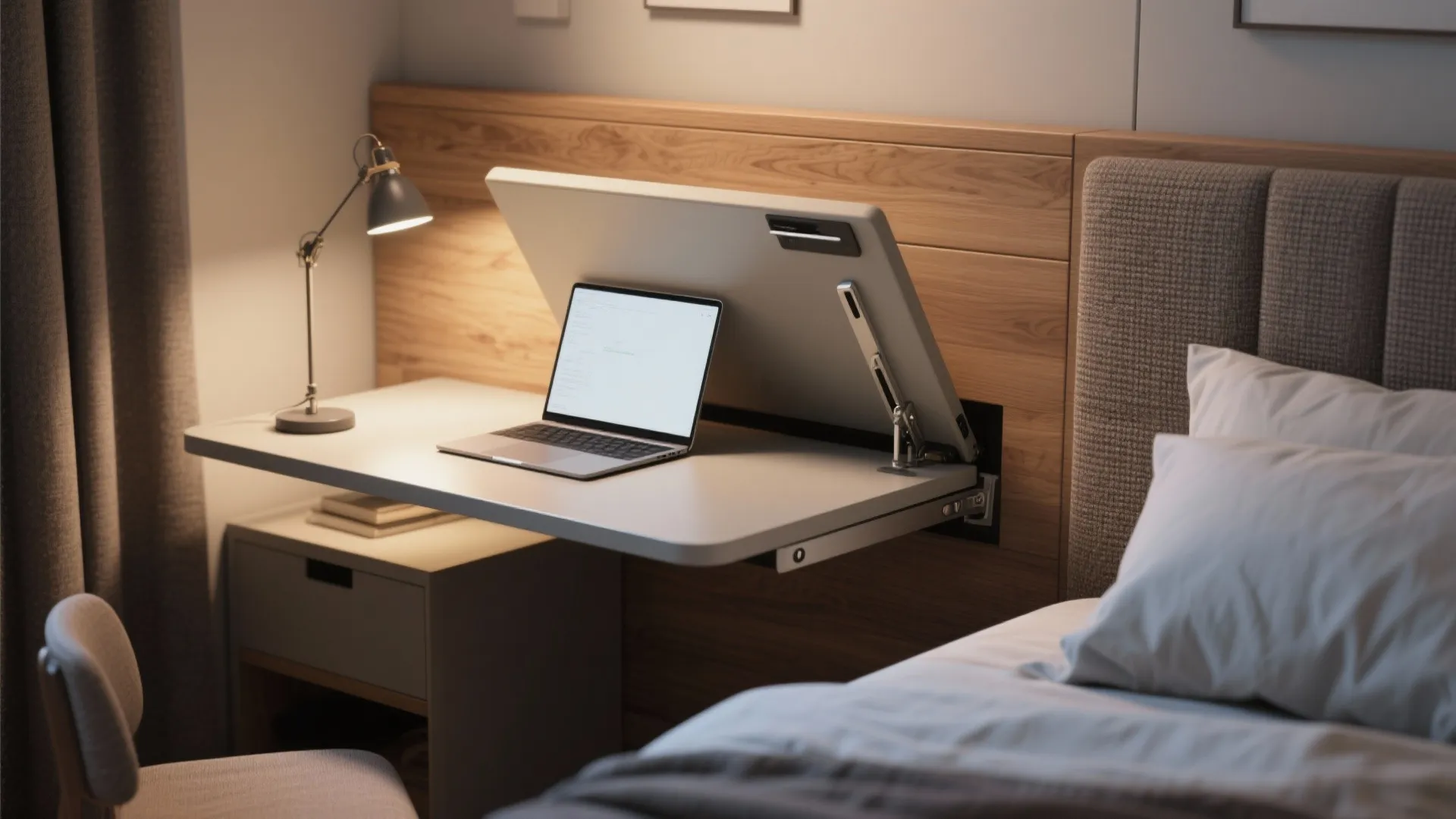 Close-up of a fold-down desk integrated into a headboard, showing hinge, slim tabletop and fabric headboard texture.
