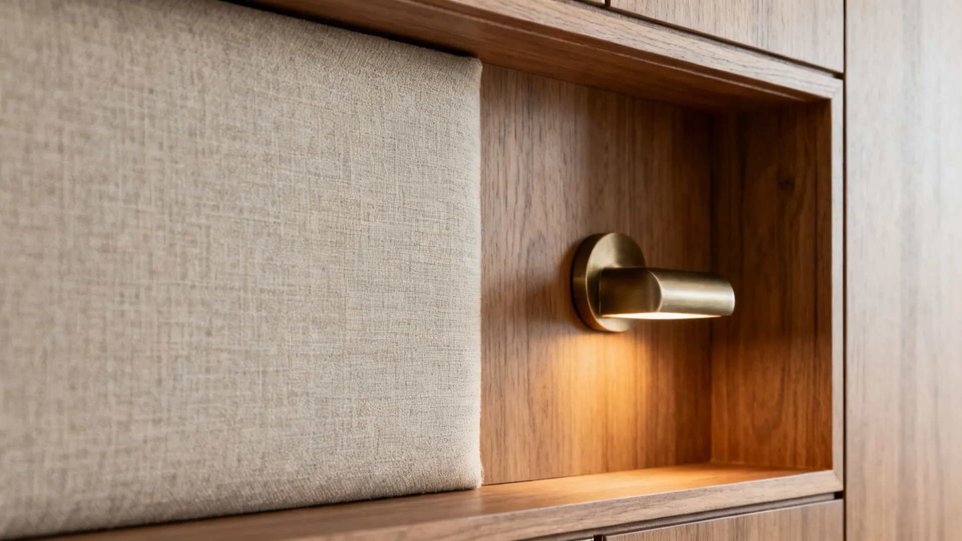 Close up of wooden wall panel with soft fabric cushion and small brass wall light