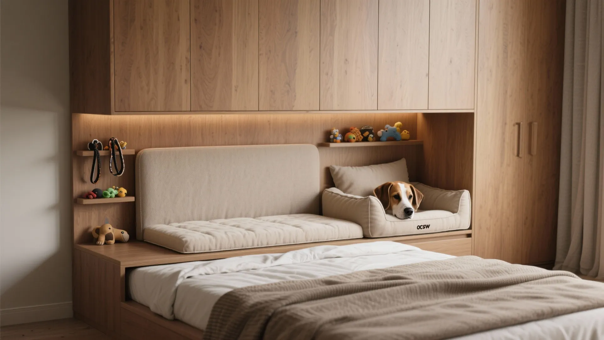 Dog lying in pet bed built into wooden wall cabinet above bed with white soft sheets
