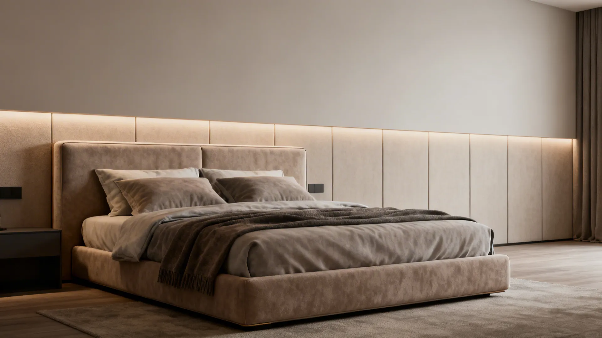 Bed with an extended upholstered headboard and painted wall panel creating a hotel-like feel.