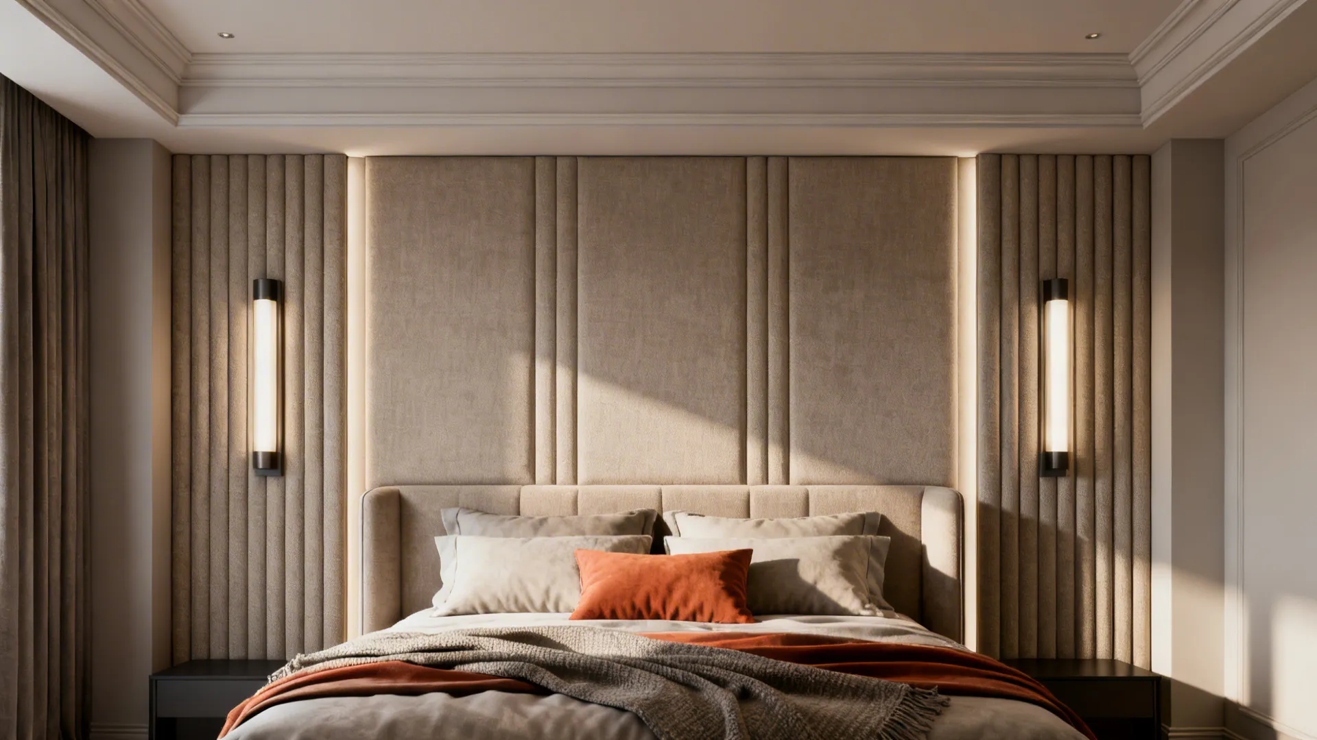 Upholstered headboard feature wall with vertical sconces and layered bedding.