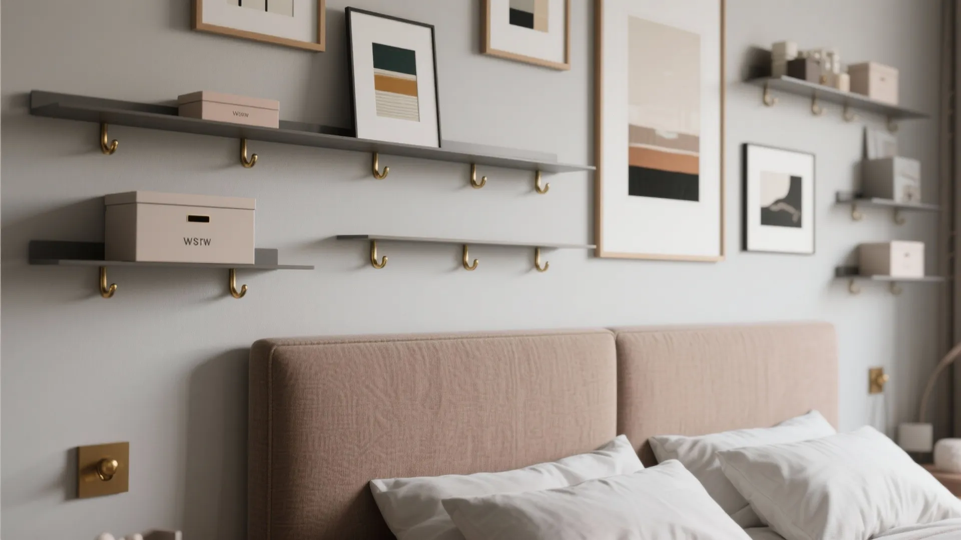 Bed with pink headboard and white pillows below a gallery wall with shelves and hooks