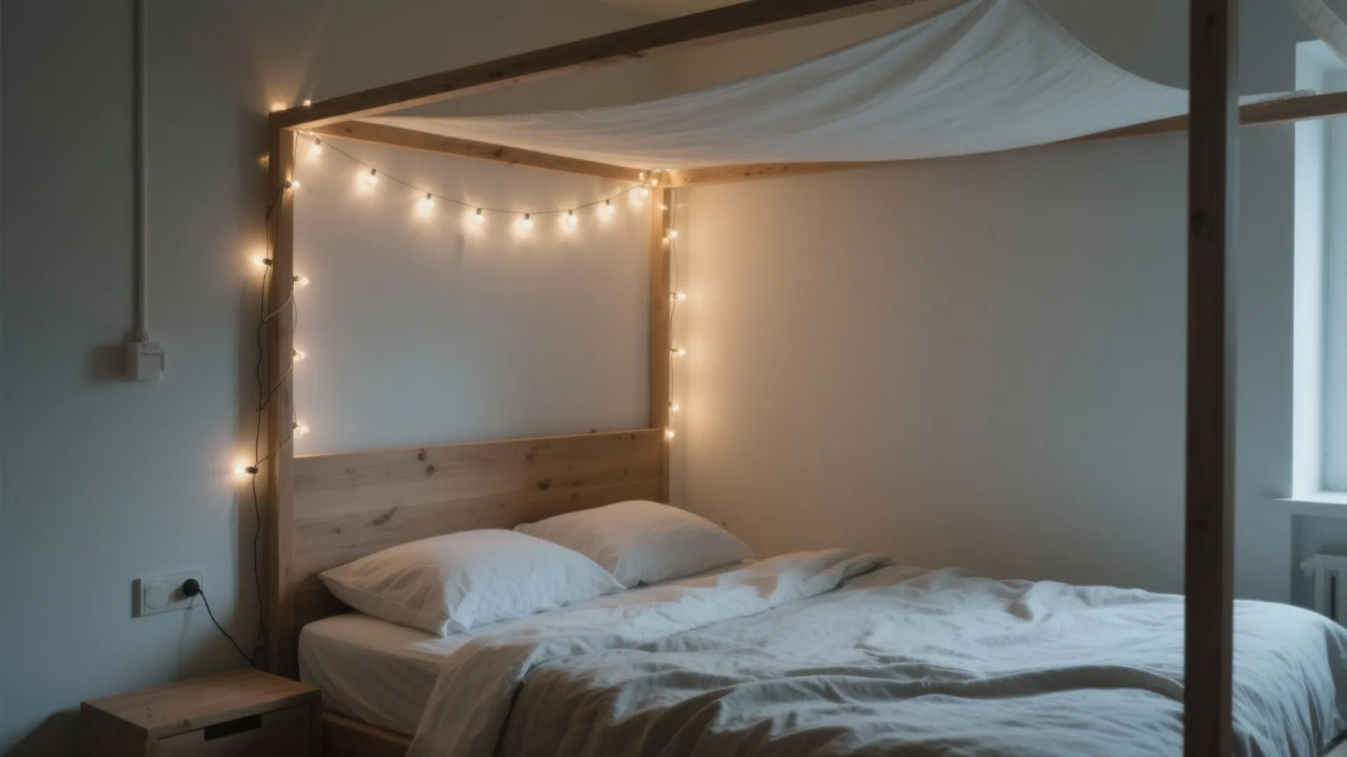 Minimalist wooden bed frame featuring warm string lights draped over the headboard and white bedding