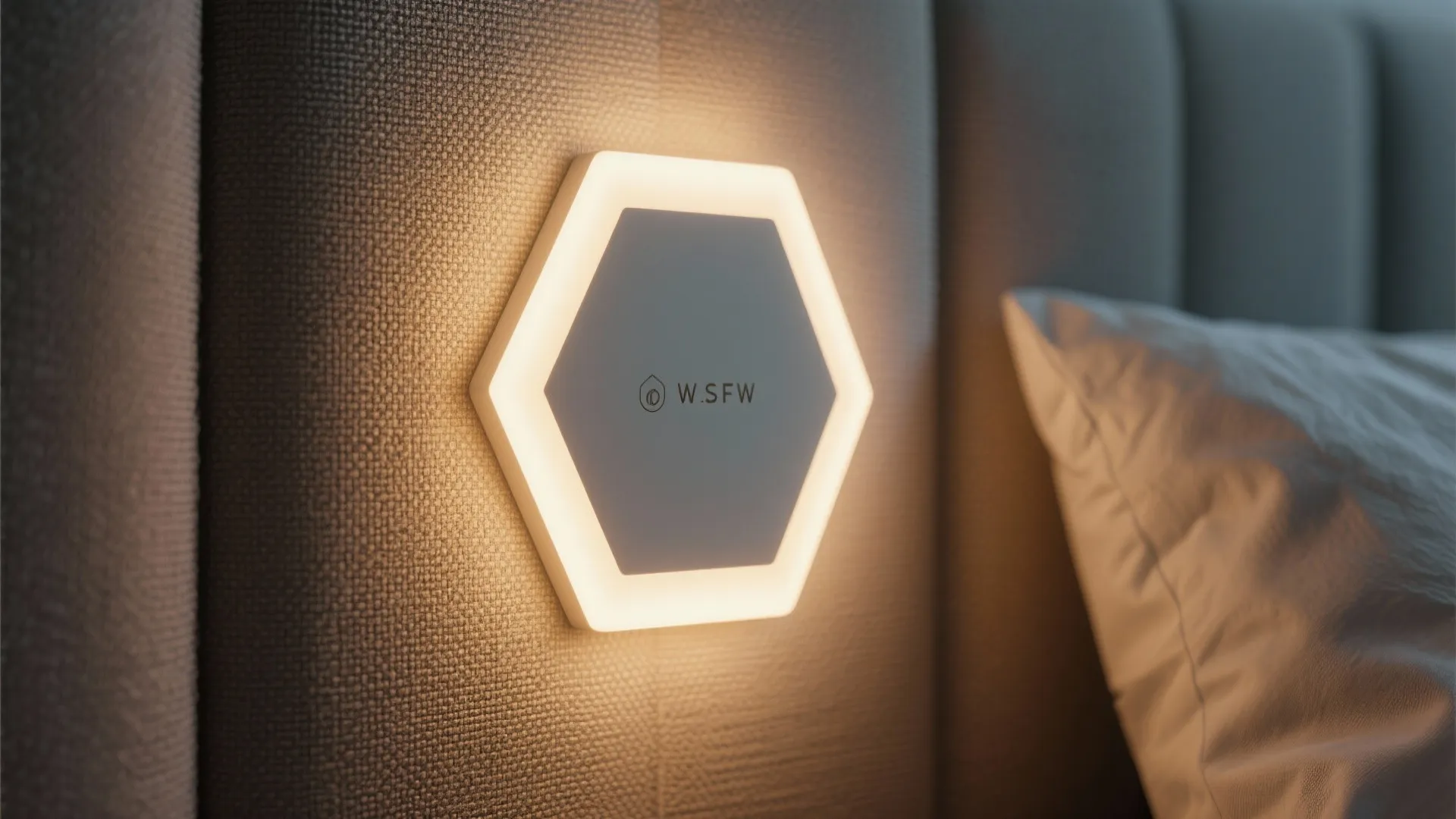 Close-up of warm hexagon panel glow washing over a textured fabric headboard.