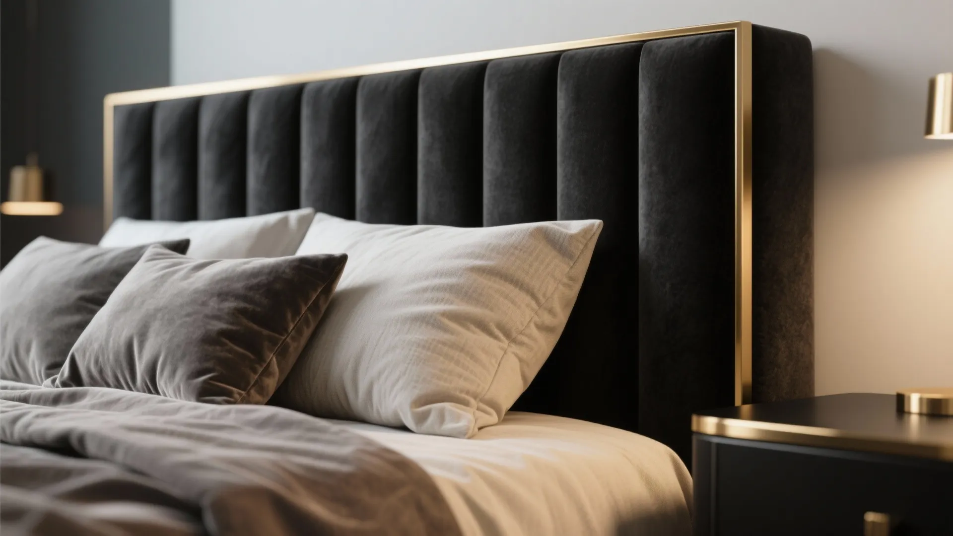 Close-up of black upholstered headboard with brushed gold trim and velvet bedding