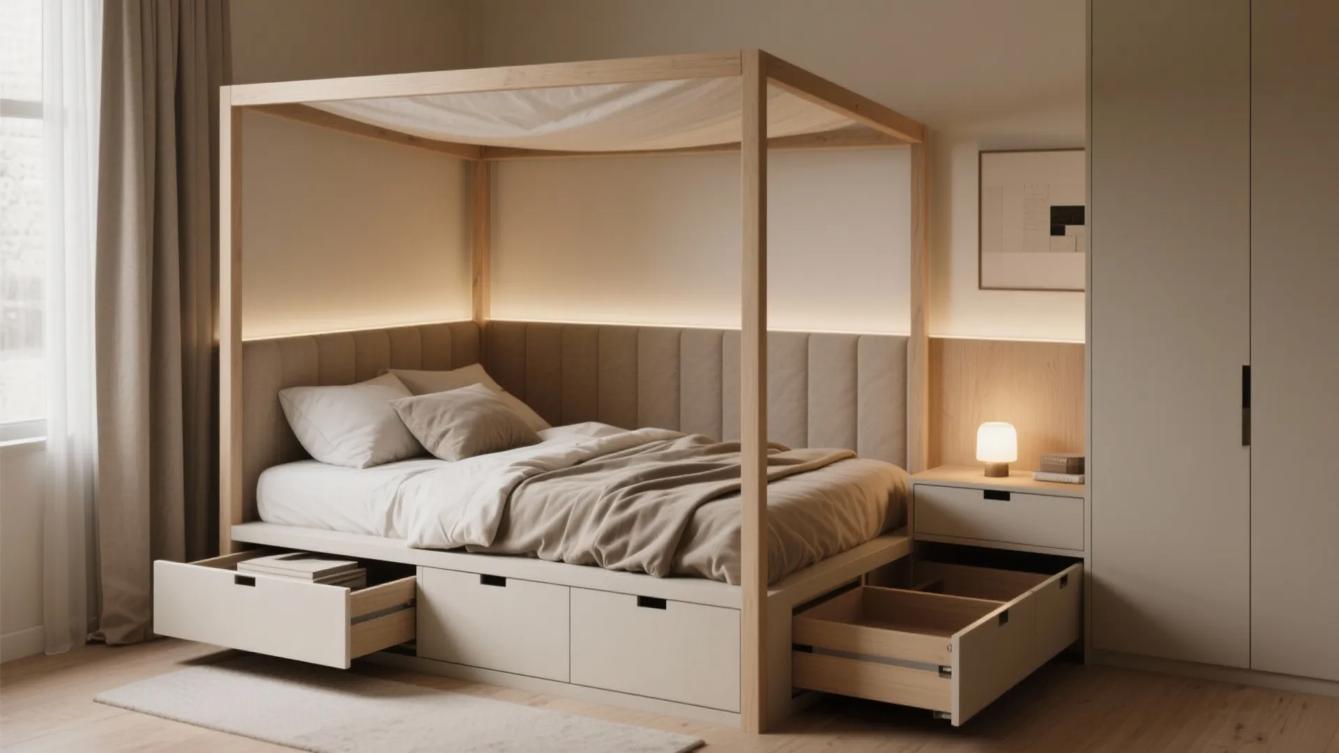 Compact bedroom with a built-in storage headboard and a low canopy attached for overhead coziness.