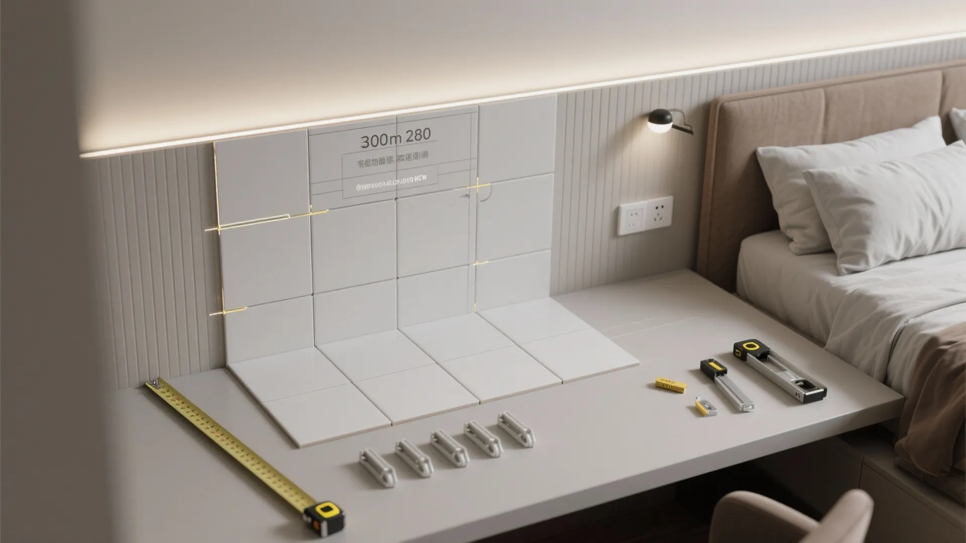 1) Minimal textured tiles as a calm headboard wall