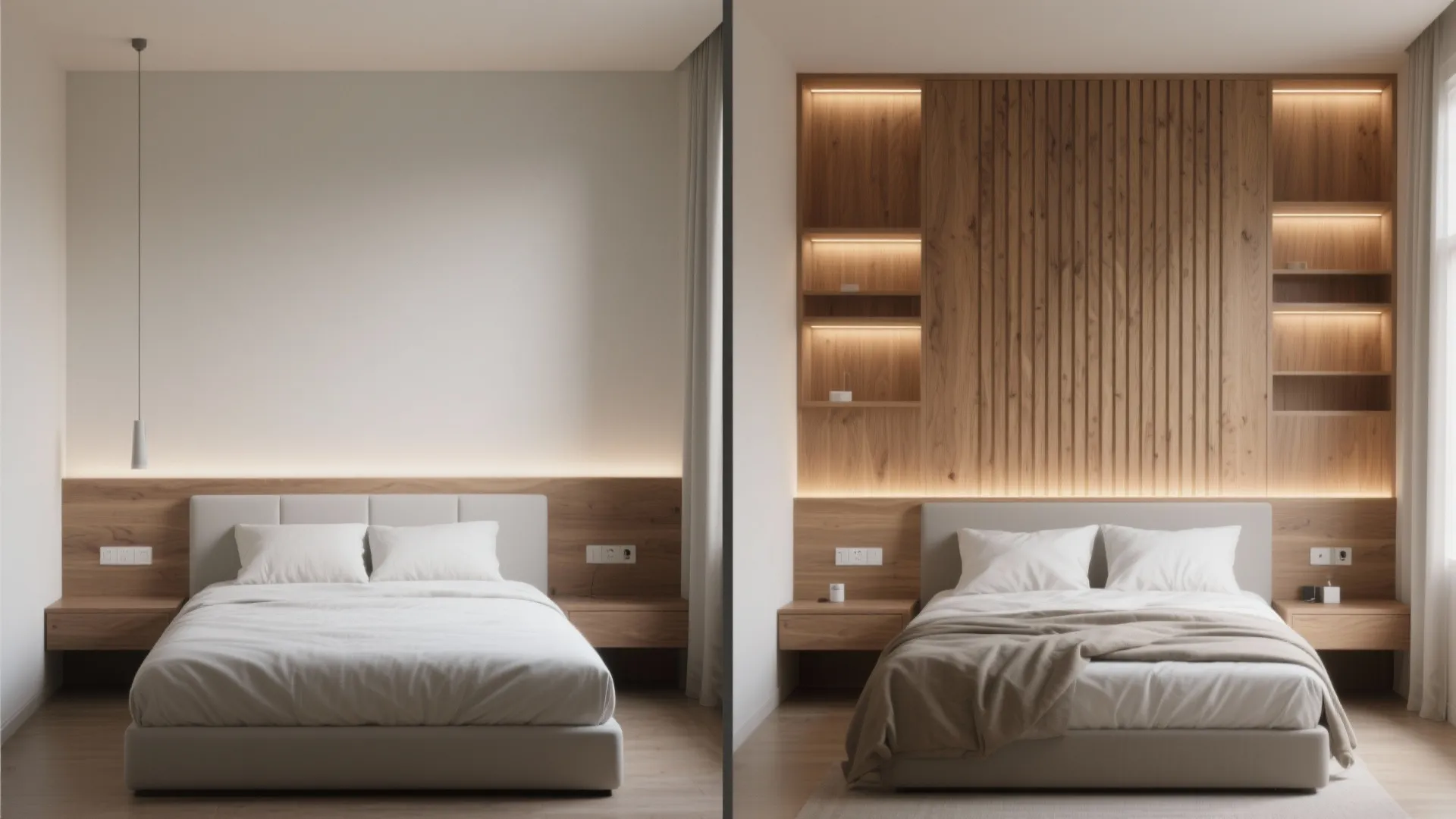 Built-In Wood Headboard Wall with Lighting and Storage