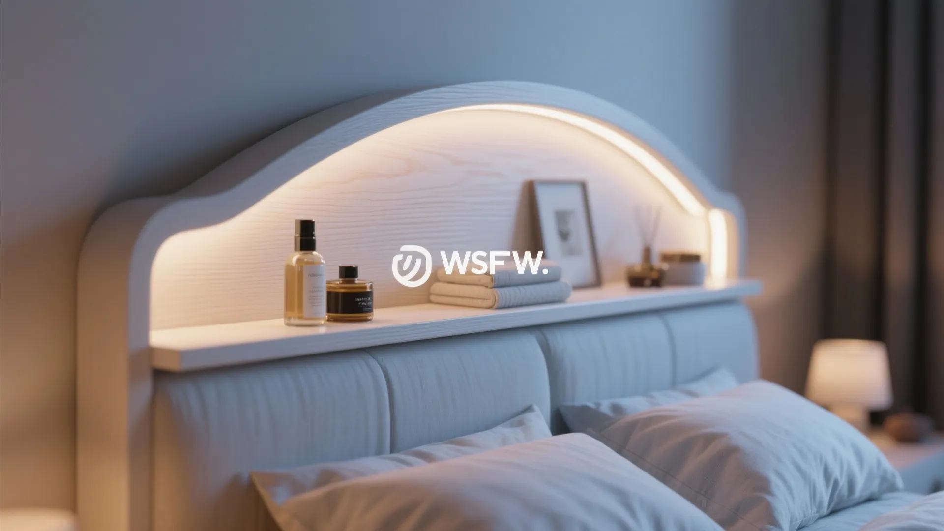 Close-up of a headboard shelf with soft LED lighting and curved edges.