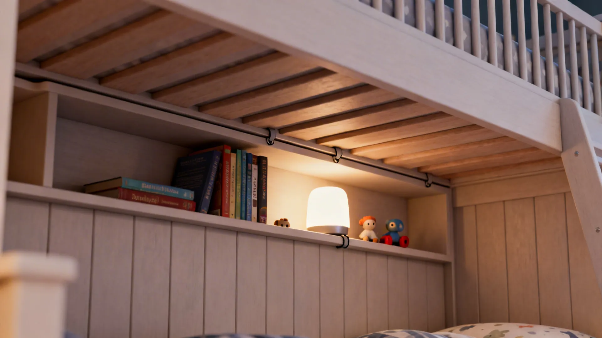 Shallow headboard shelf and upper bunk ledge with books and night light secured by a small lip