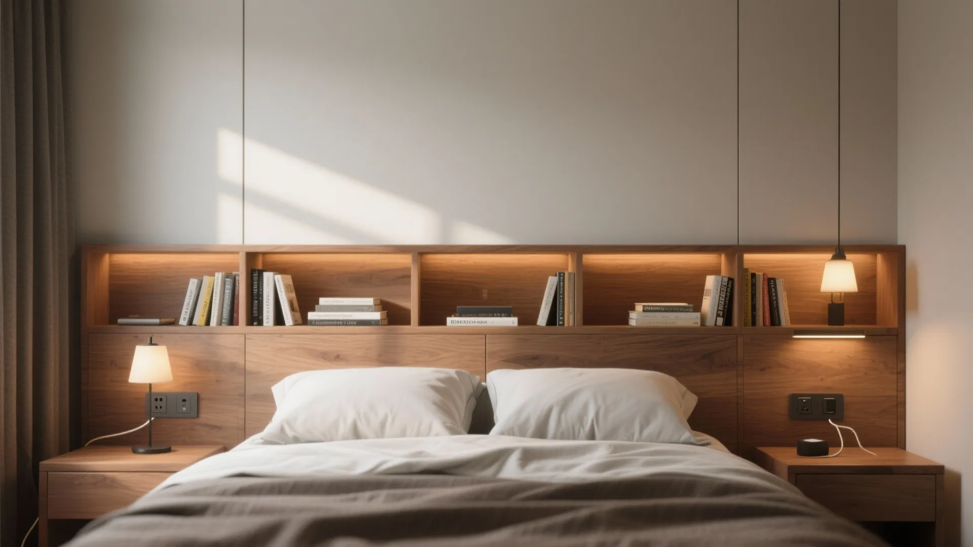 Custom headboard wall with built-in shelves, integrated reading lights and hidden charging ports for a cozy, practical setup.