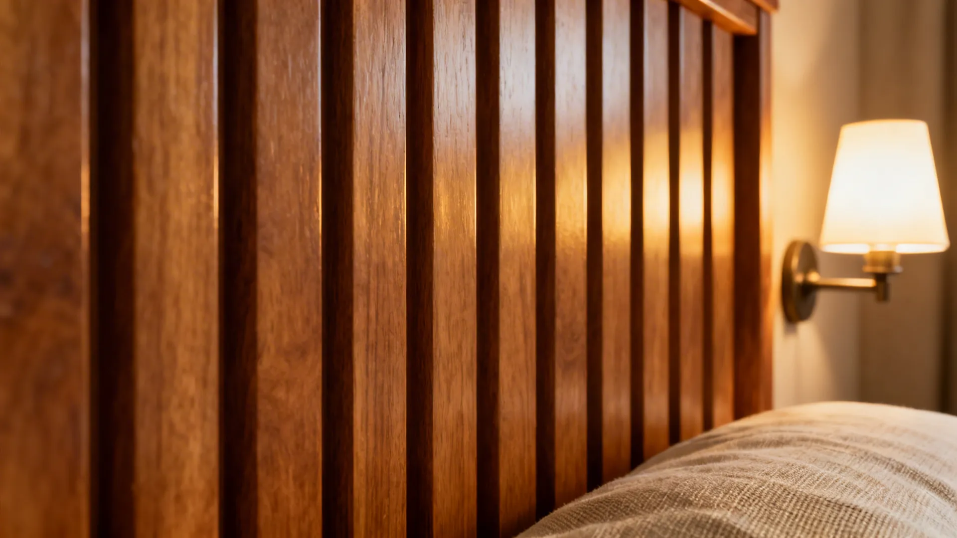 Macro of ribbed wood headboard lit by a warm bedside sconce with soft linen nearby.