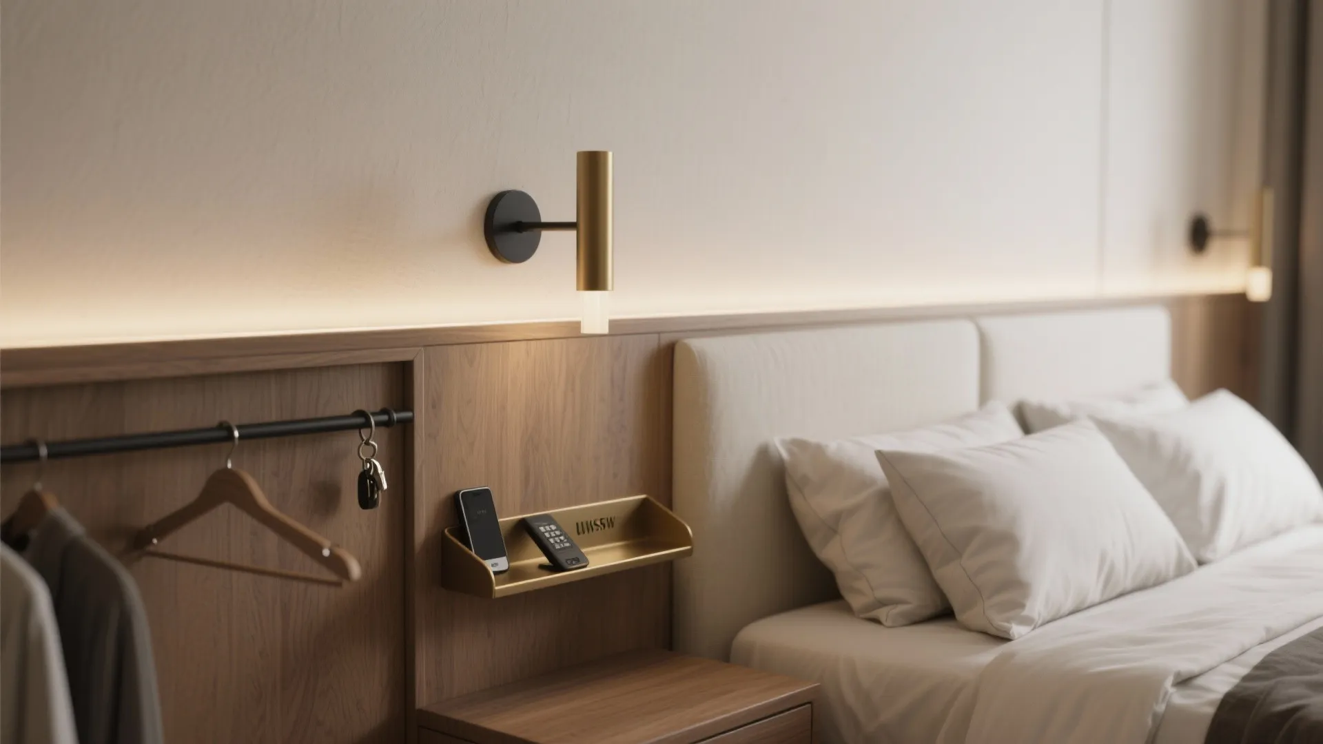 1) Turn the headboard wall into a multitasking zone