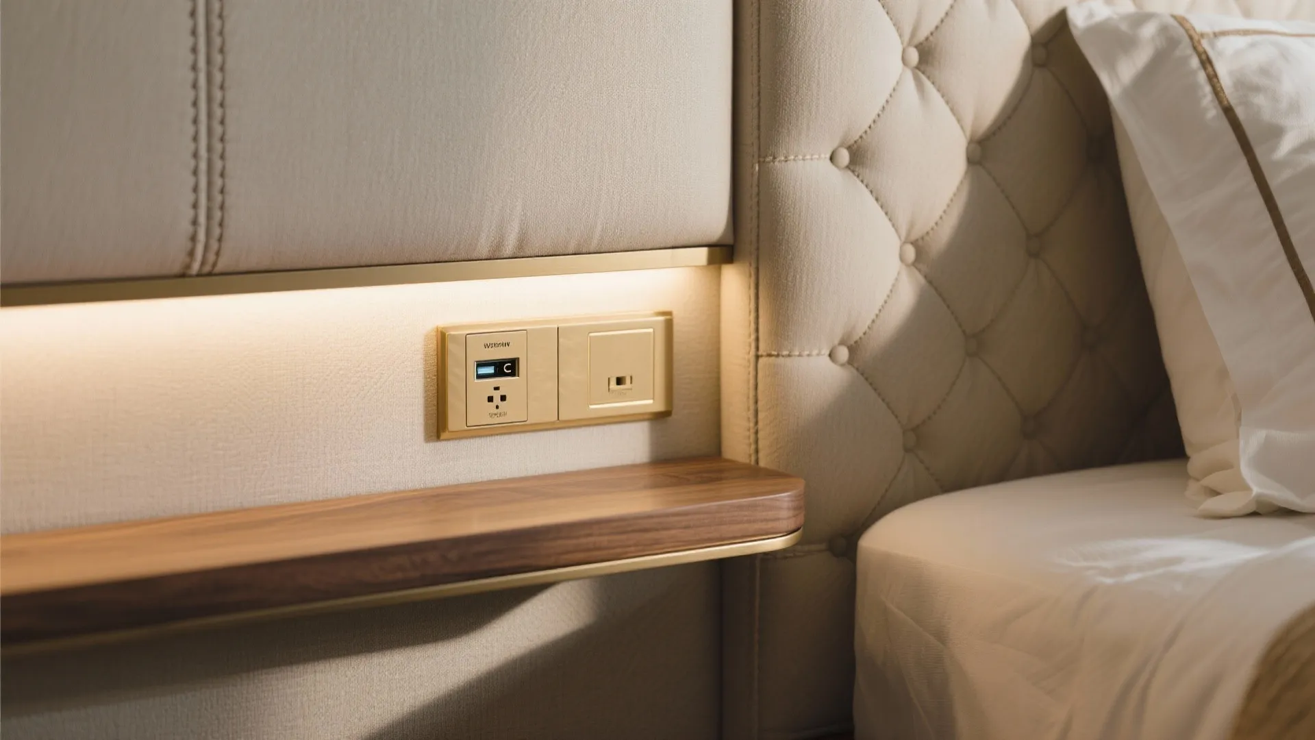 Close up of a bed headboard with gold power sockets and a small wooden shelf