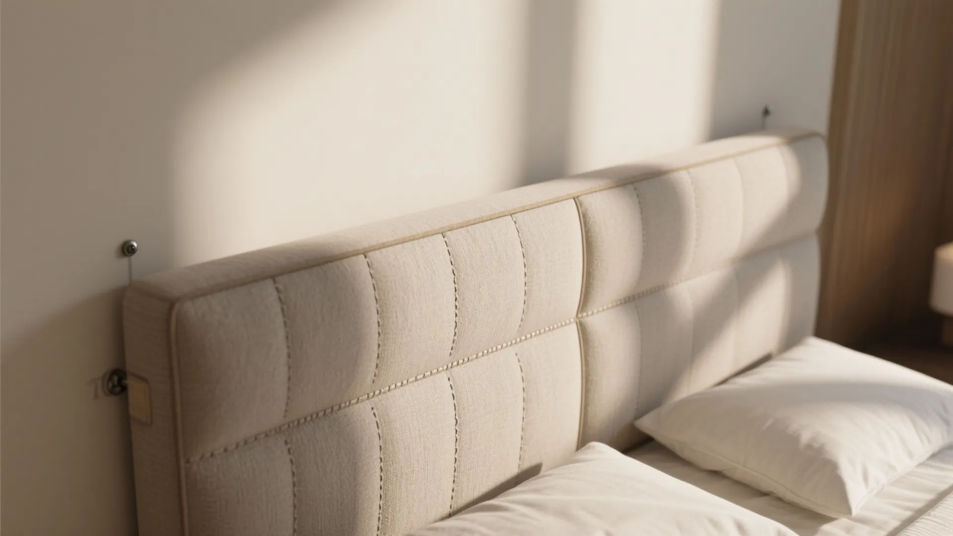 Beige fabric headboard with vertical stitching detail and white pillows in a bright lit bedroom