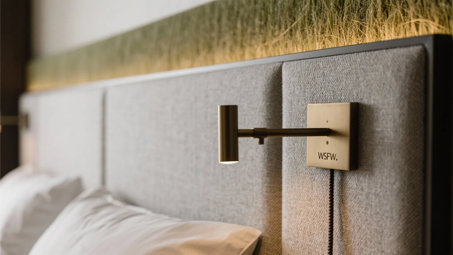 1) Minimalist headboard wall with shared sconces