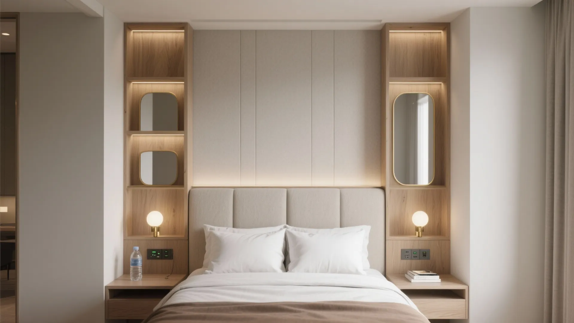 3) A headboard wall that works like a mini suite