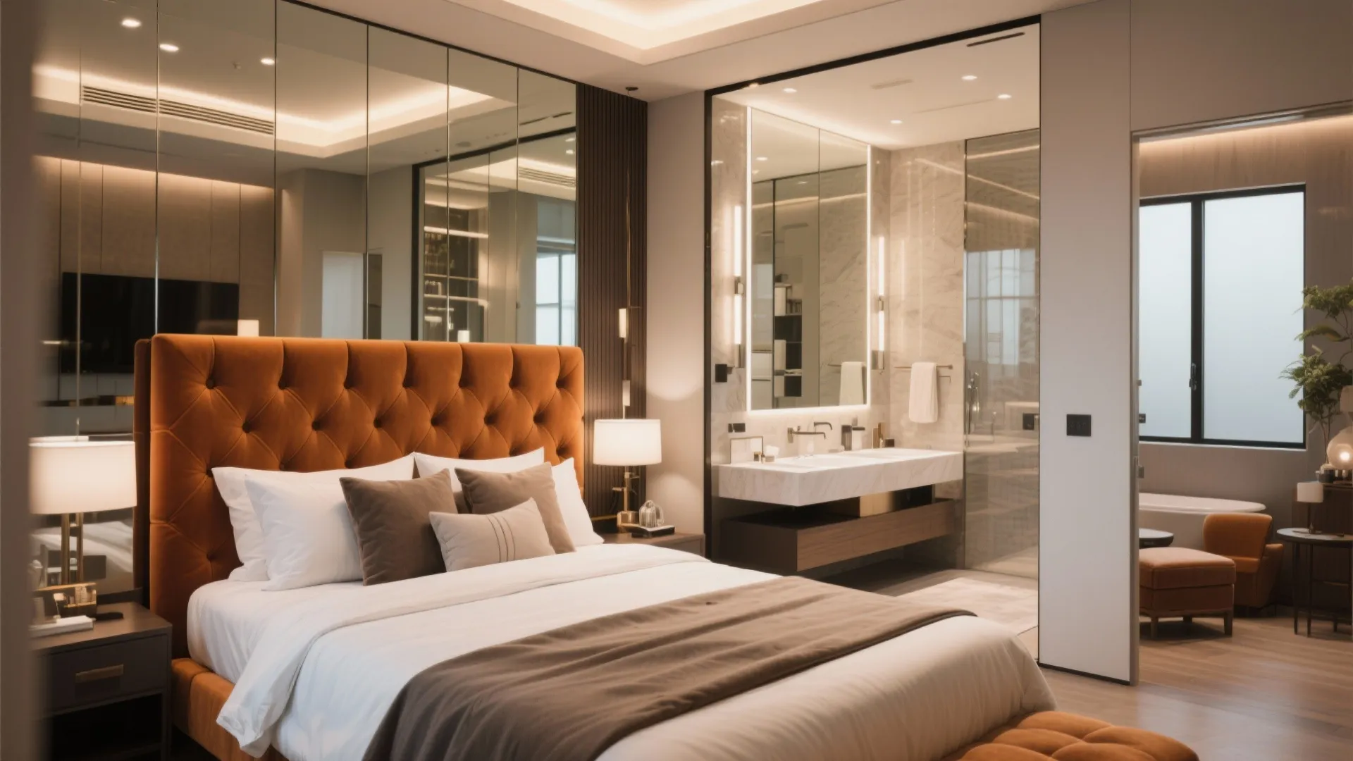 Modern bedroom with orange tufted bed and glass wall next to a luxury bathroom area