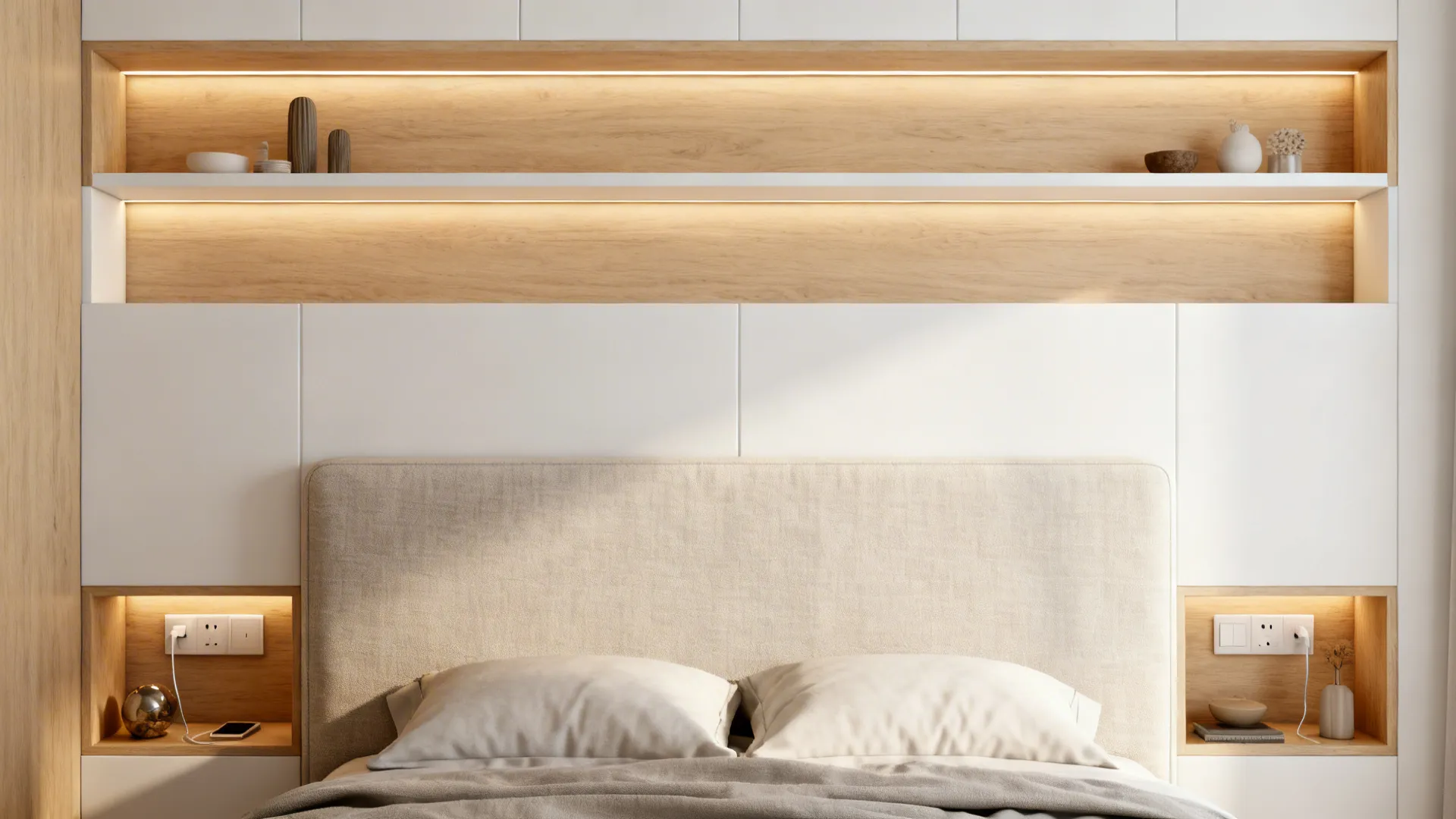 Multifunctional headboard wall with floating shelves, recessed niches, and integrated lighting.