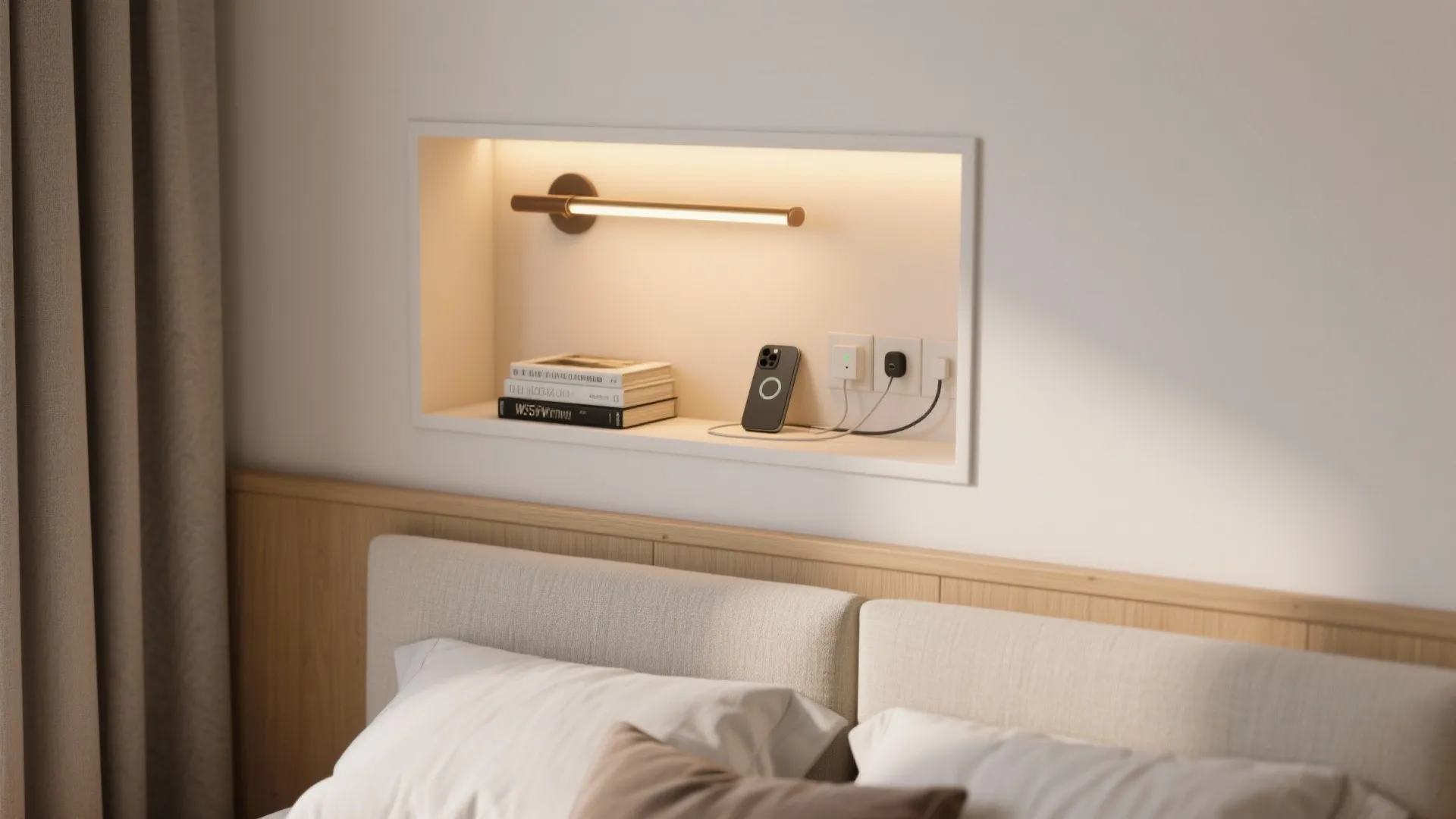 Wall niche above bed headboard with warm light fixture, books, and a phone being charged