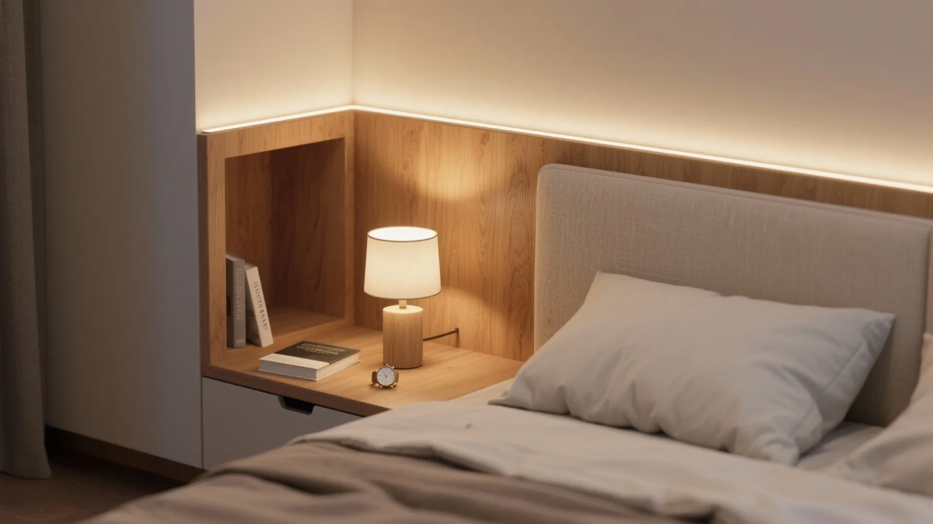 Wooden headboard with built in shelf light fixture and small table lamp next to bed