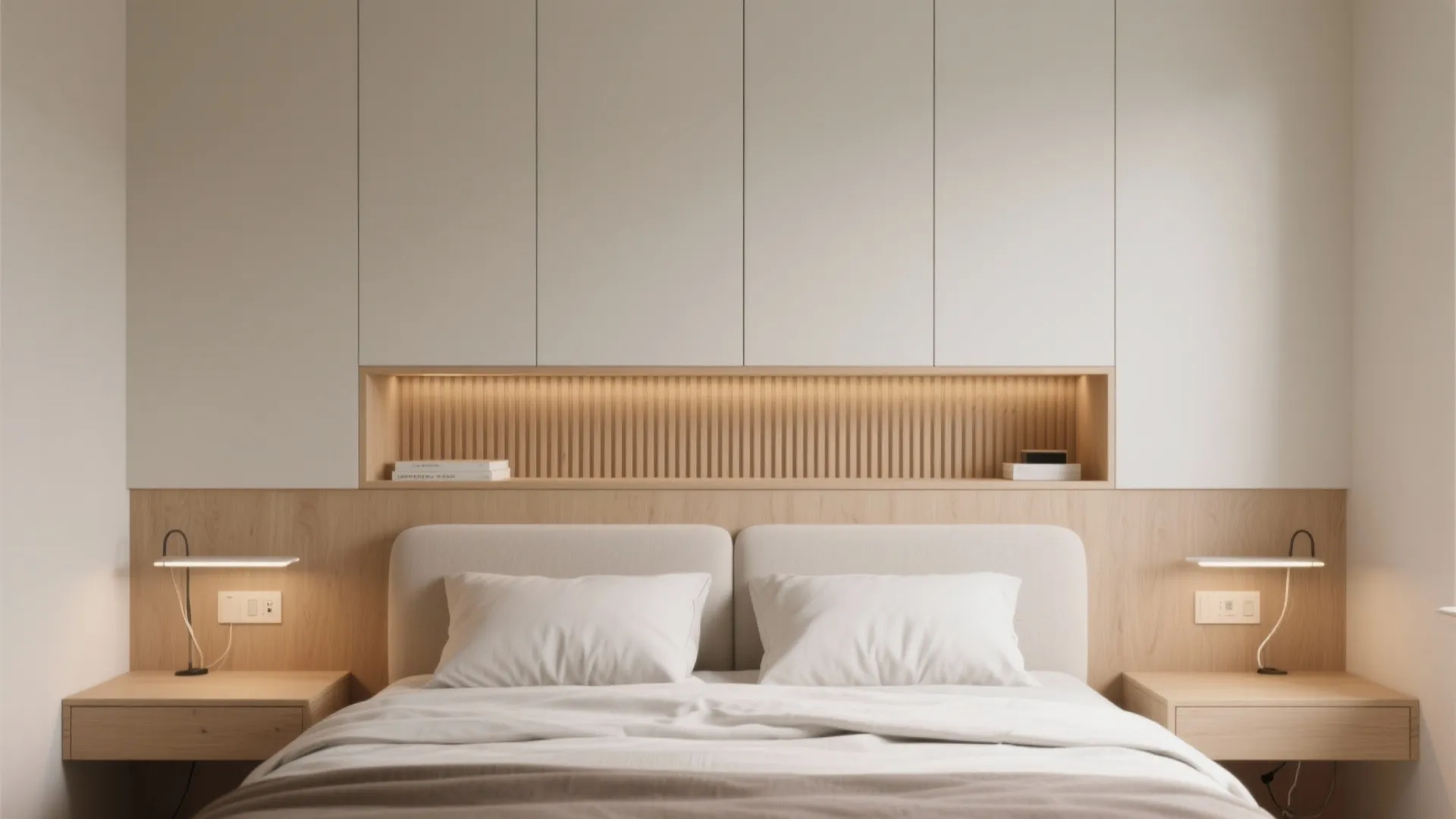 Modern bedroom with wooden wall shelf above headboard featuring built-in lighting and two bedside tables