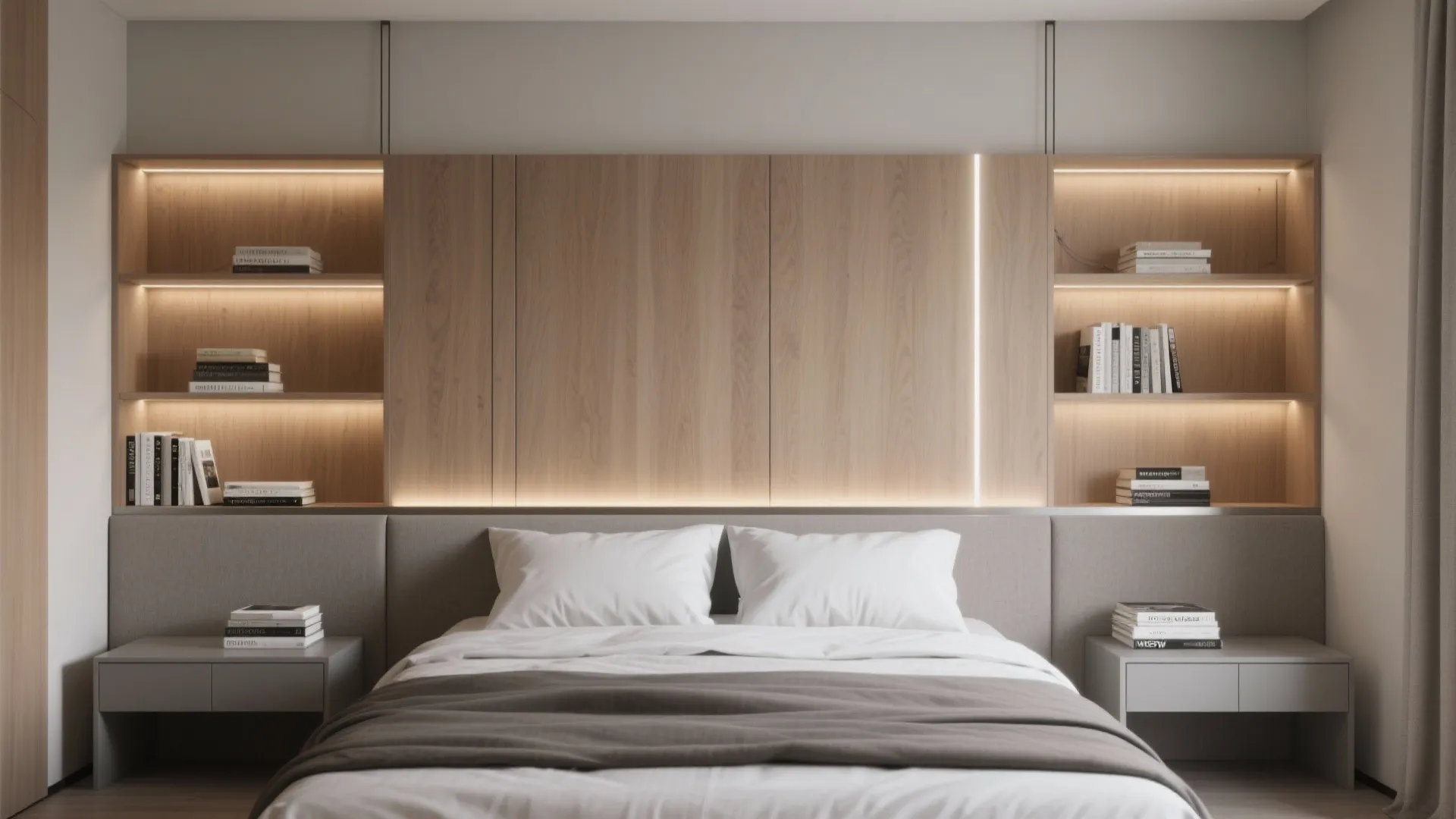 Modern bedroom featuring a wooden wall panel with built in lighted shelves and two white pillows