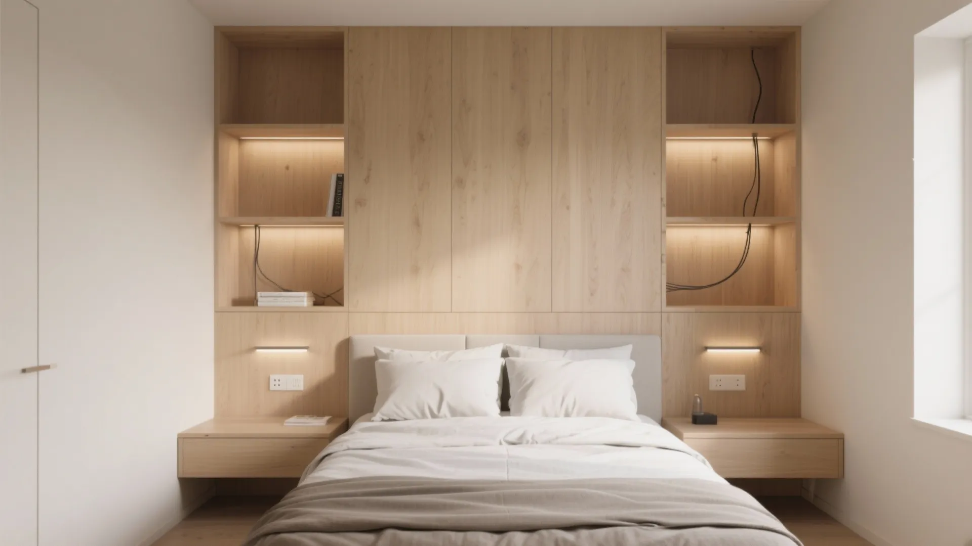 Small bedroom with a queen bed and a shallow built-in headboard wall with recessed storage niches and lights.