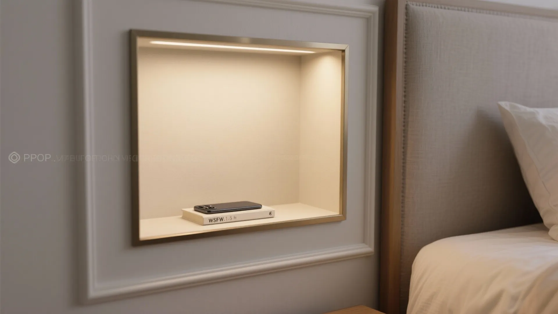 Modern bedroom wall niche with warm light fixture holding a book and a mobile phone