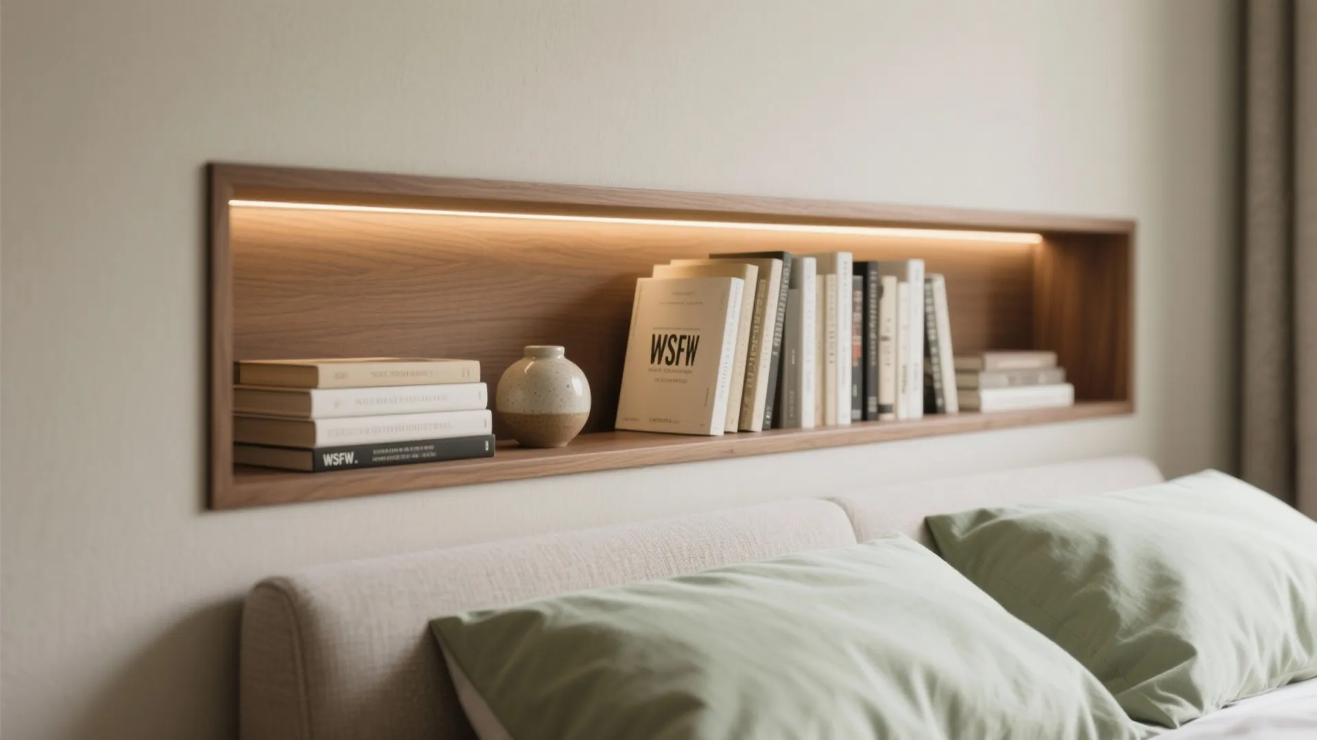 Storage-in-plain-sight: wall grids, headboard niches, and underbed drawers