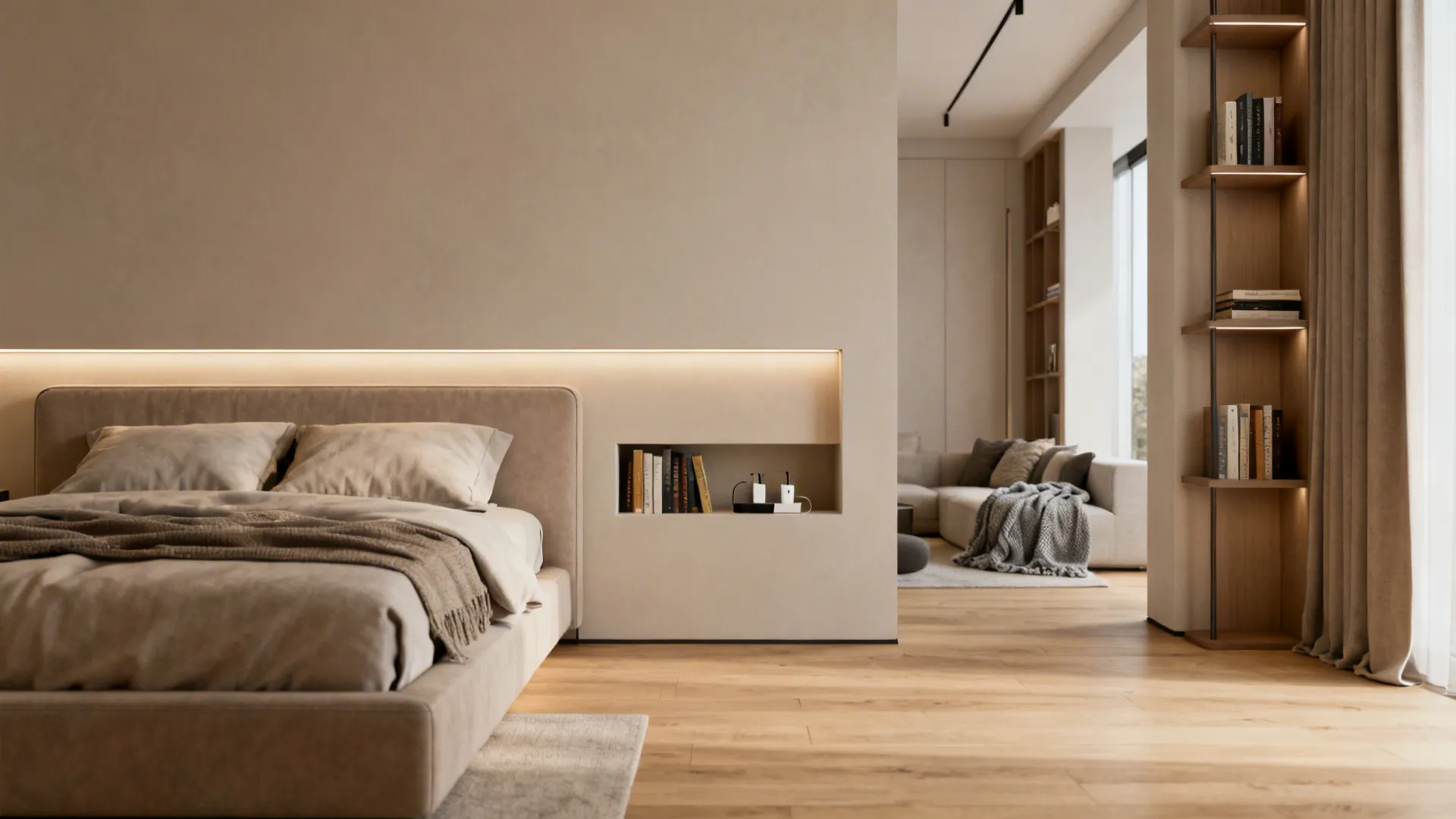 Bedroom with recessed headboard niche for books and chargers and light oak flooring.