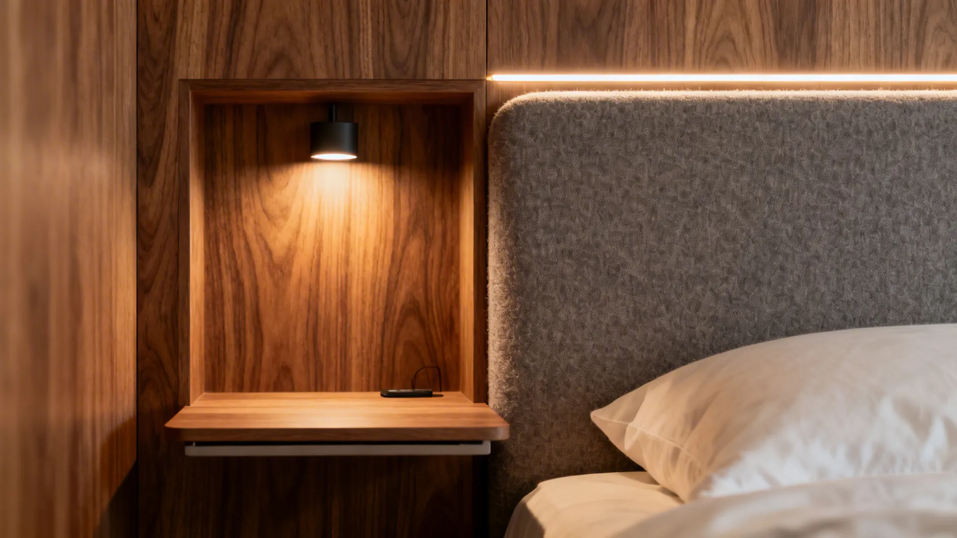 Close-up of a recessed wood headboard niche with diffused LED and floating nightstand.