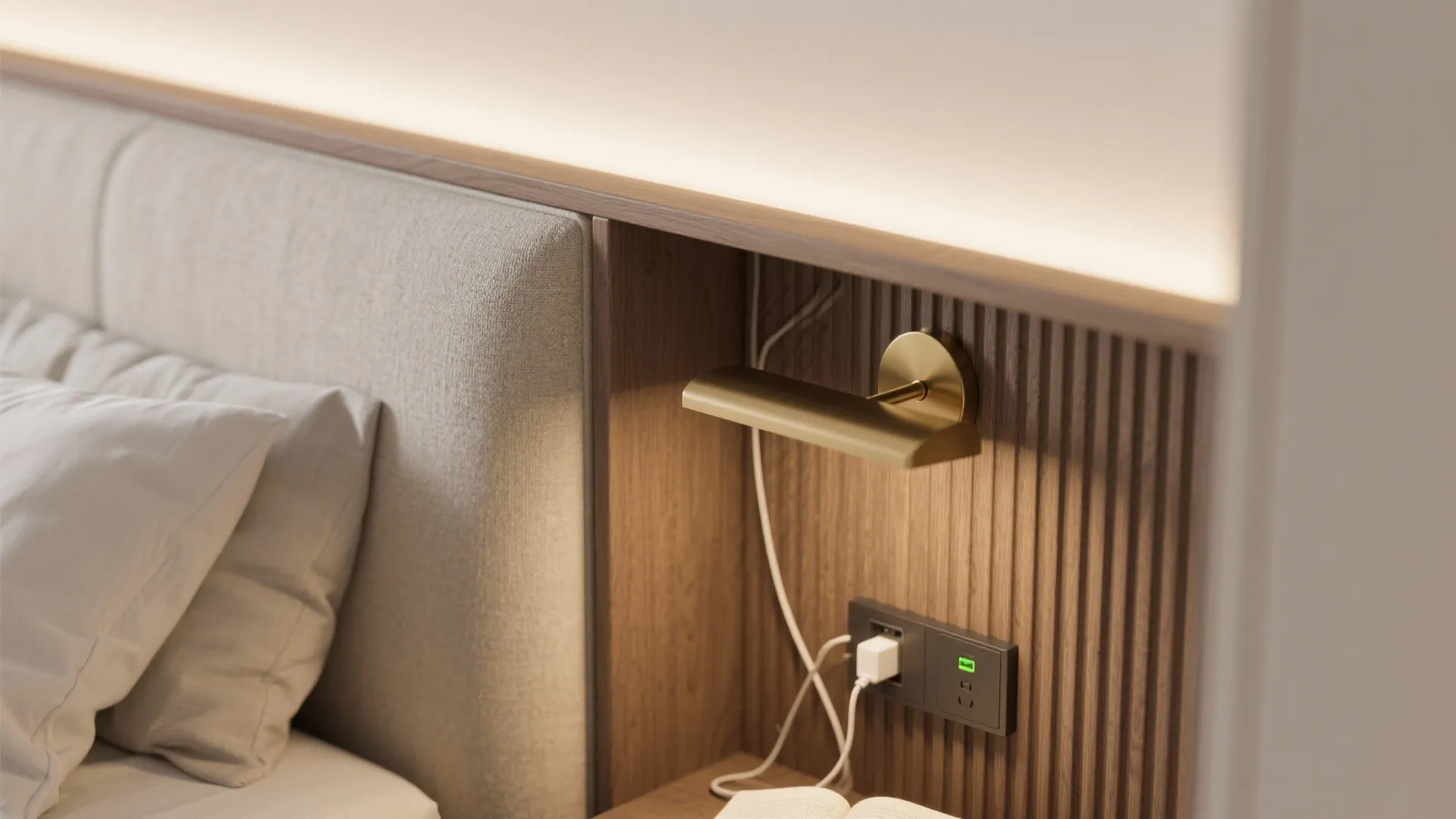 Modern bedroom headboard with built-in wood shelf, gold wall light, power outlet, and soft pillows