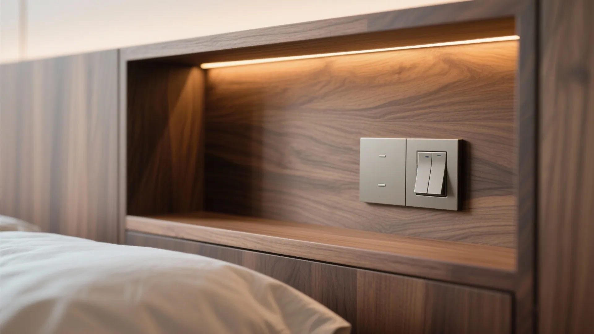 Bedroom calm: warm wood accents and built-in headboards