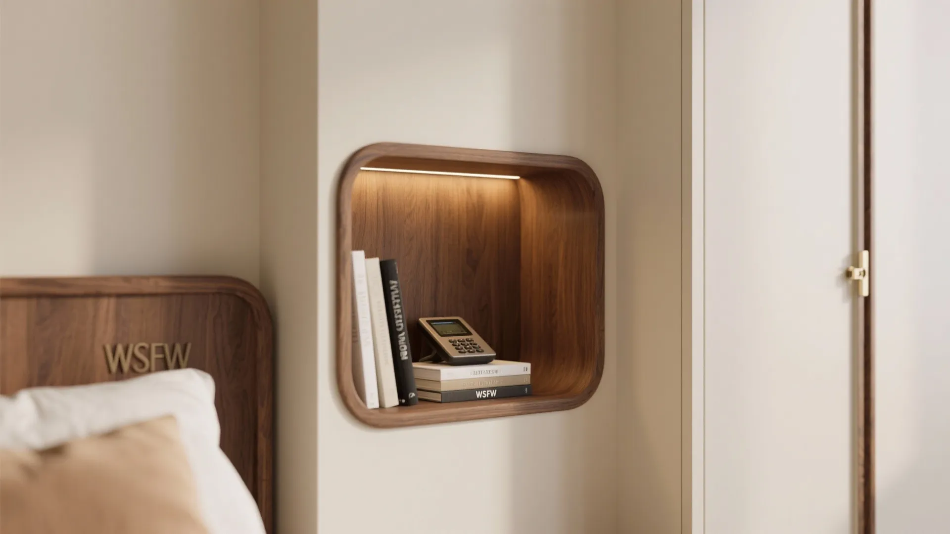 Wooden wall shelf with warm light strip holding books beside a bed in modern bedroom