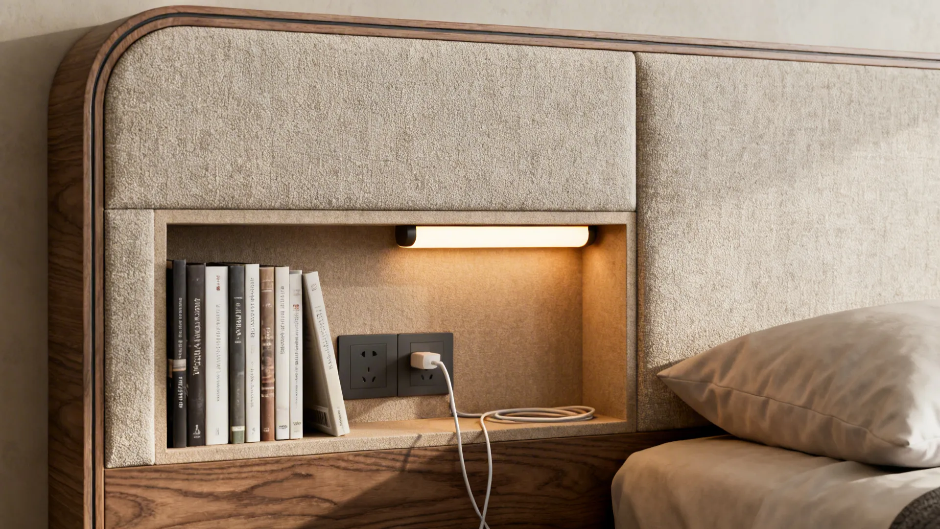 Recessed headboard with built-in shelves, sockets and reading lights in a small bedroom