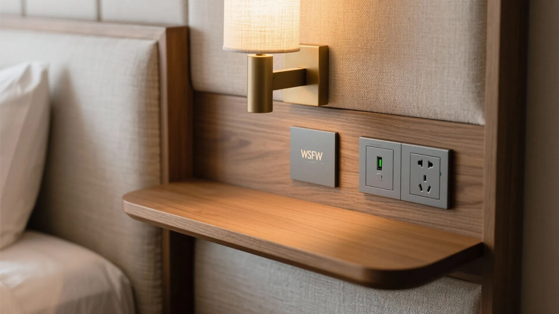 Macro of headboard shelf with linen panel, oak lip, and integrated USB-C outlets.