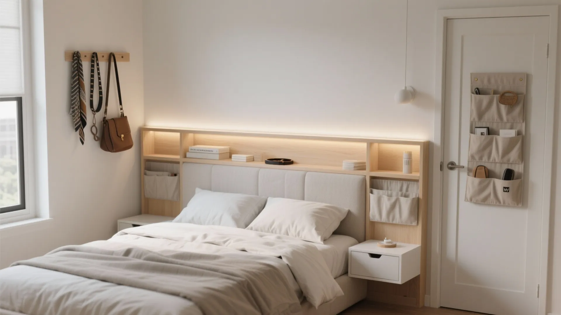 Headboard with integrated shelves and over-the-door organizers in a compact bedroom.