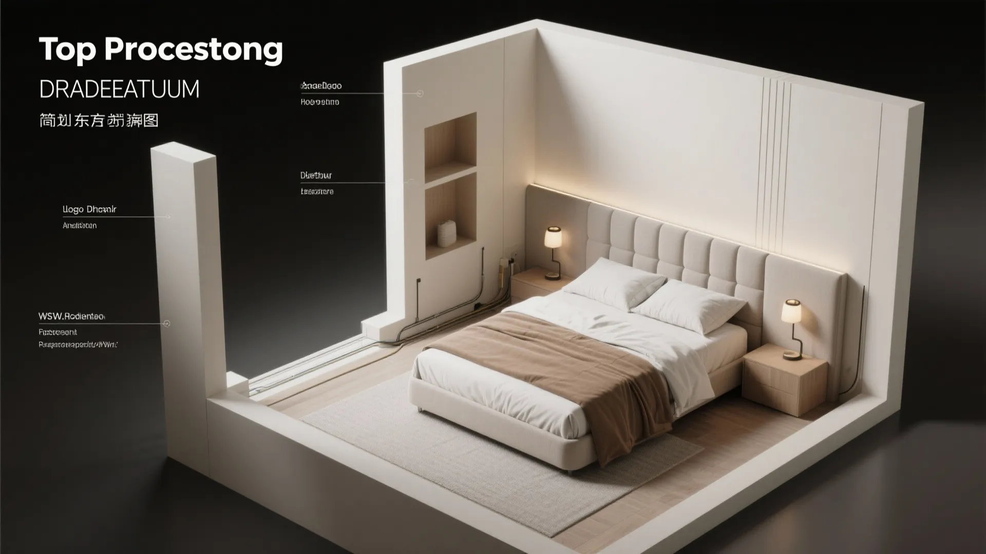 Interior design drawing showing a 3D bedroom layout with bed bedside tables and small wall shelves