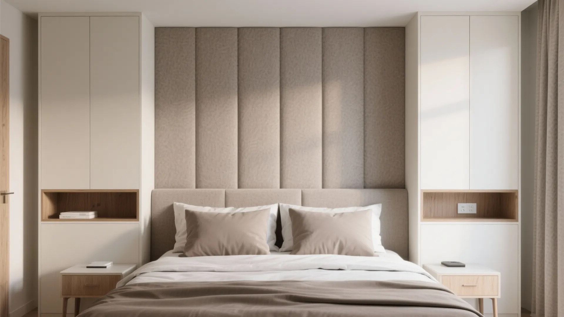 Modern bedroom with padded wall panel headboard plus white built in cabinets and wood bedside