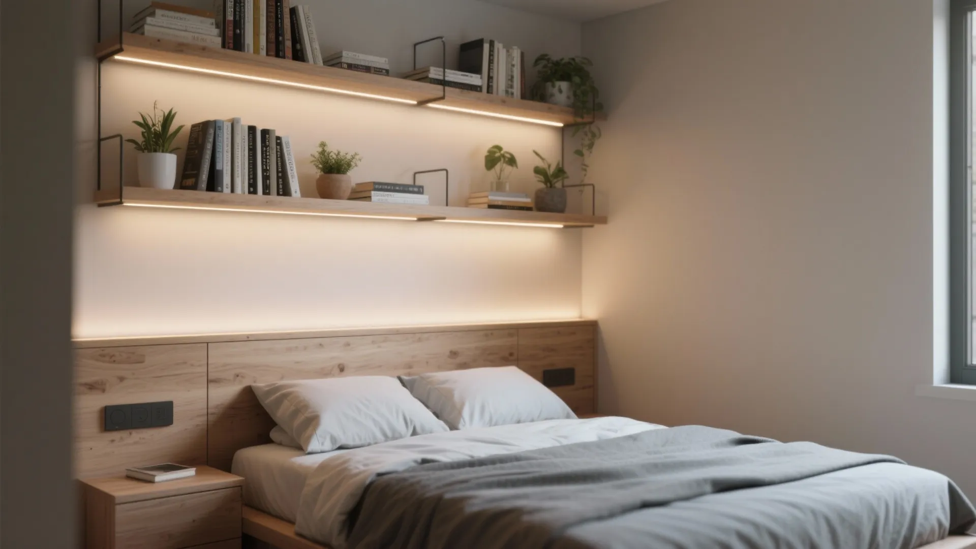 3. Headboard + floating shelf combo