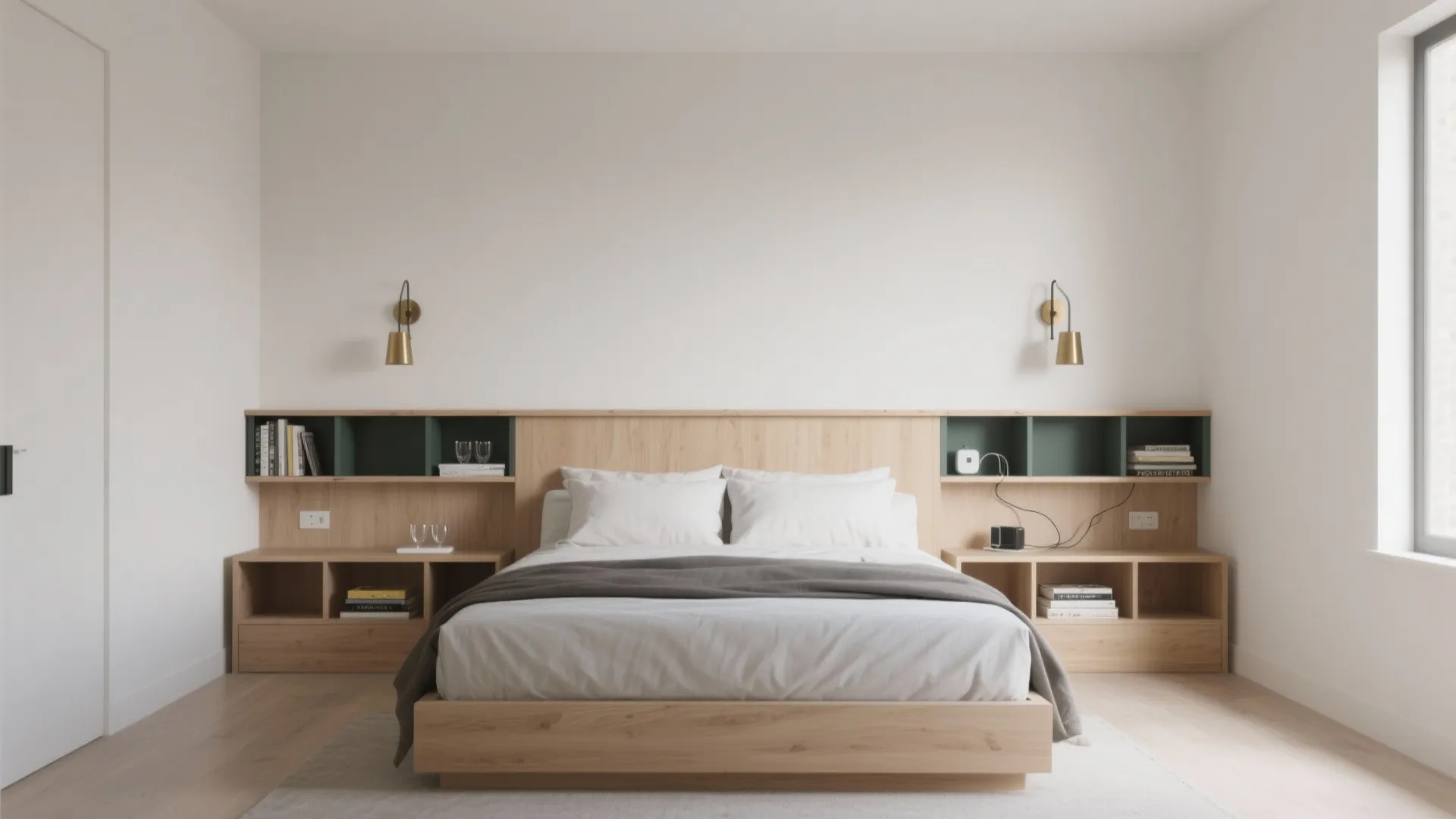 Queen bed with storage headboard, cubbies, floating shelves, and wall-mounted sconces in a tidy modern small room.