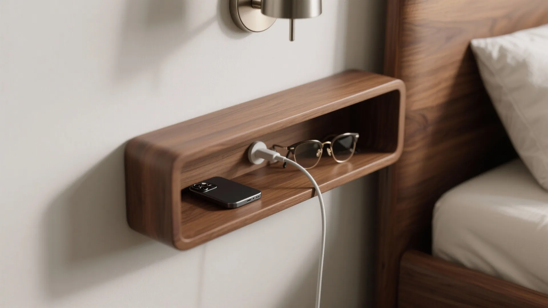 2) Wall-mounted nightstands + integrated headboard shelf