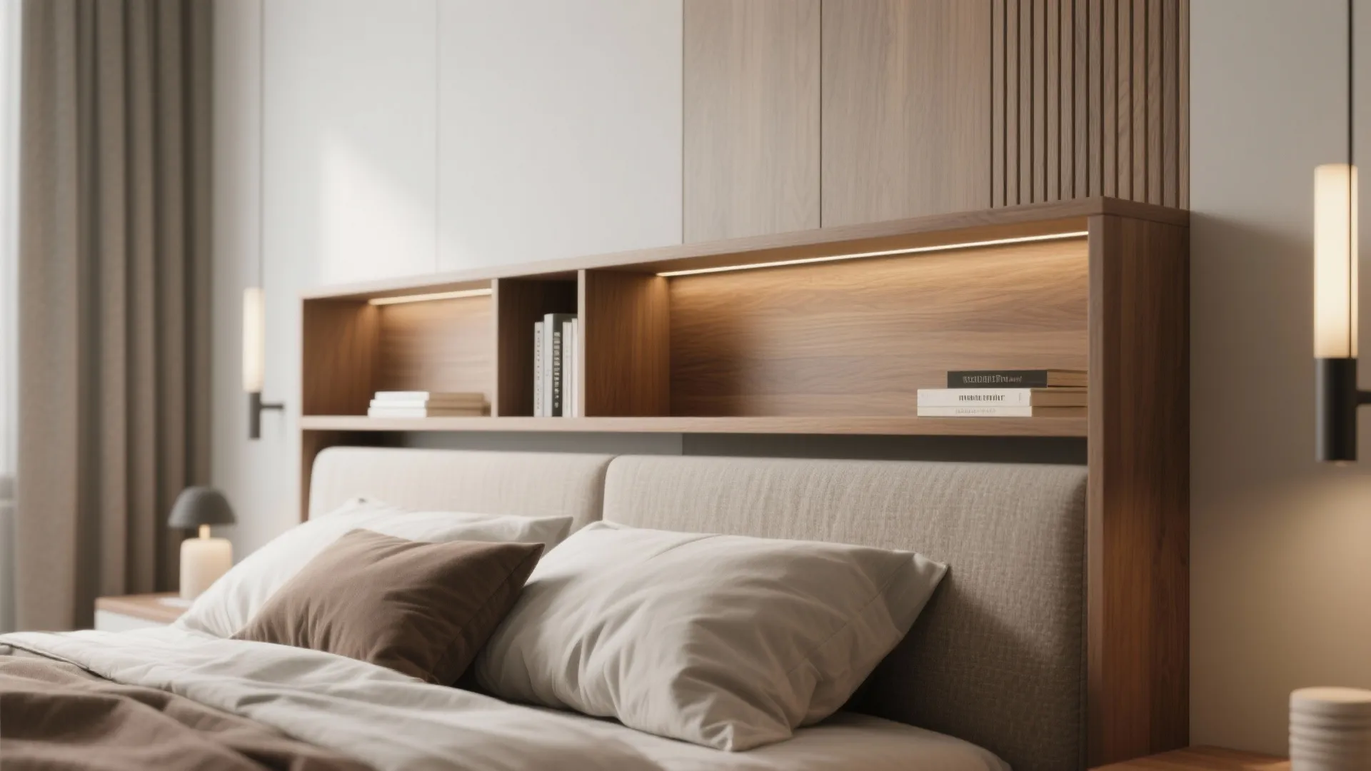 Modern bedroom headboard with built-in wooden shelf, warm light strips, books, and soft fabric pillows