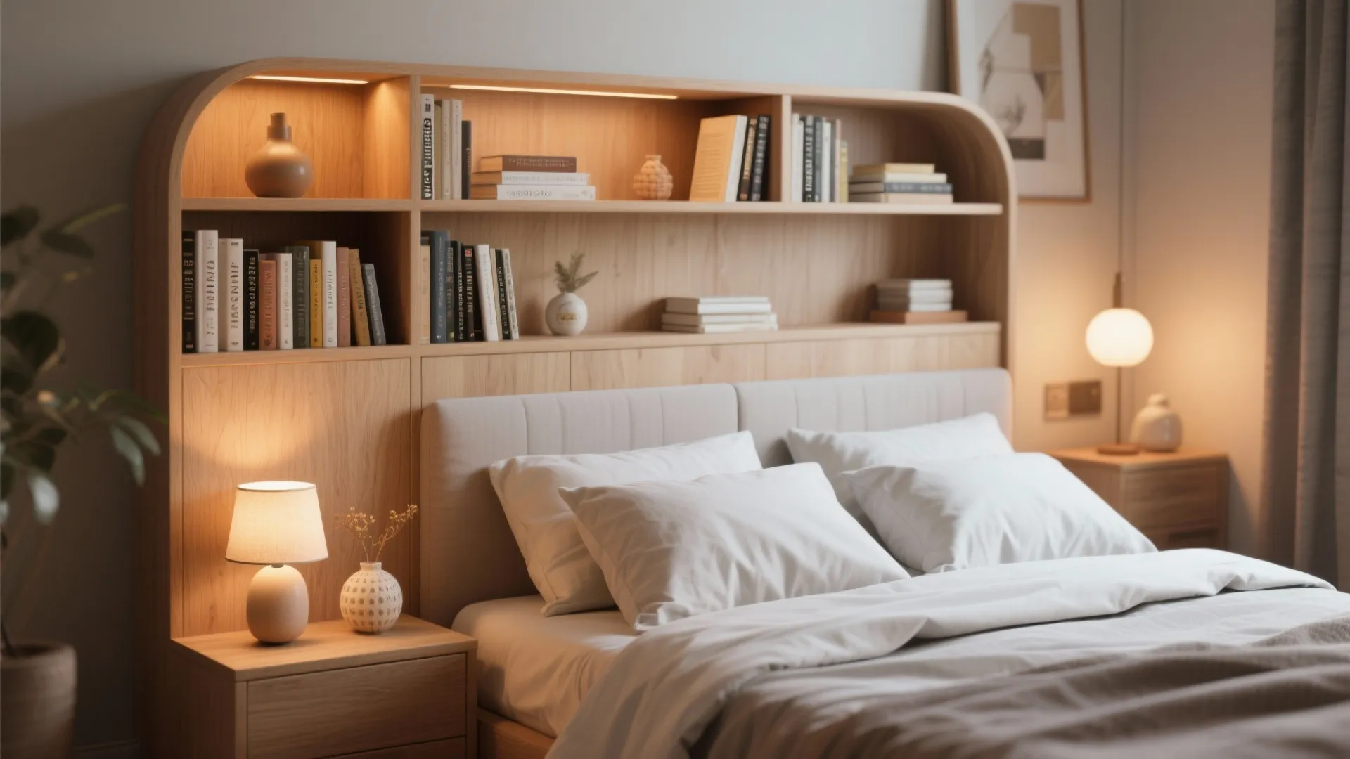 9. Custom Headboards with Built-in Shelves