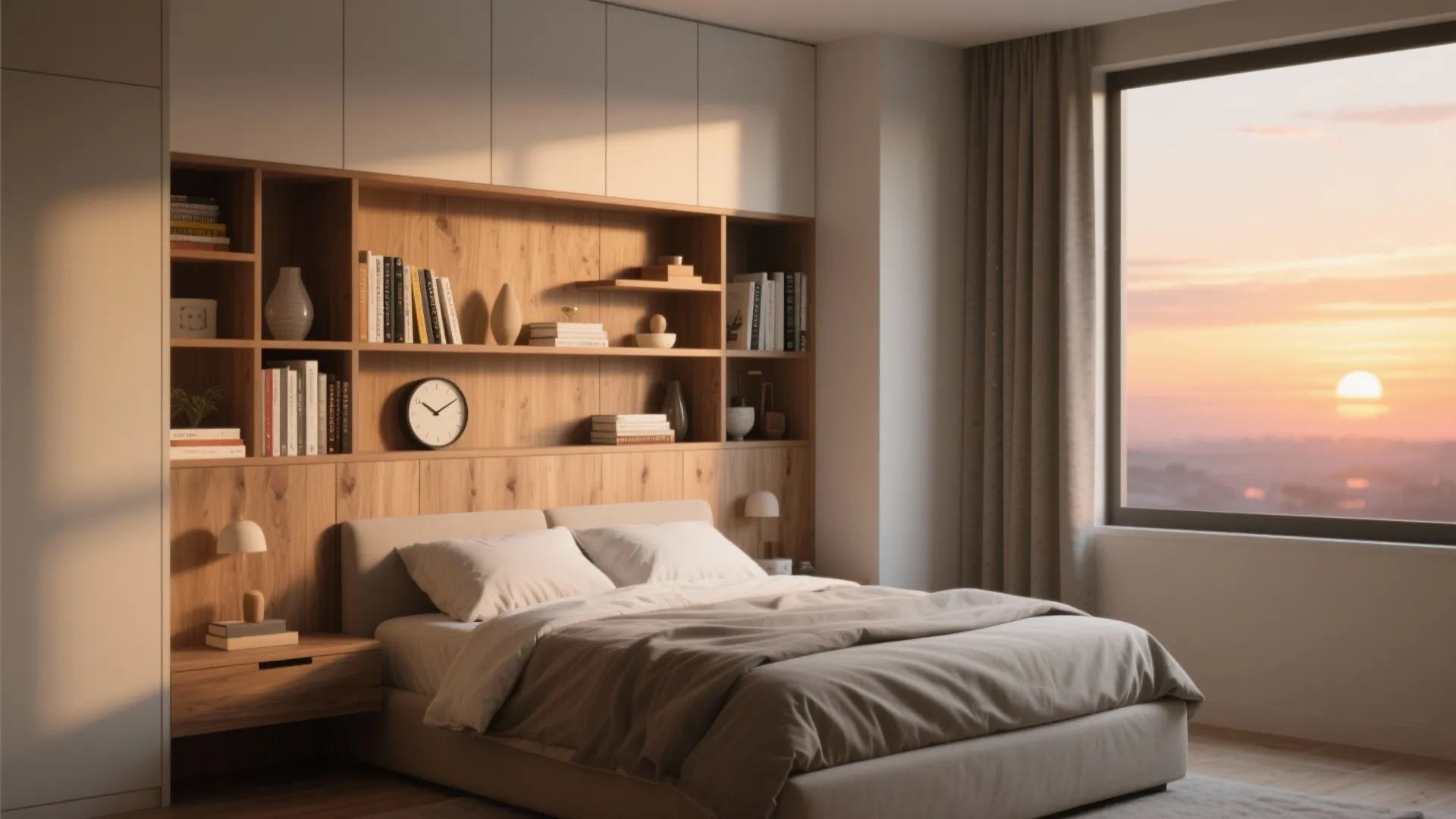 Built-in headboard shelves with books and decor in a bedroom