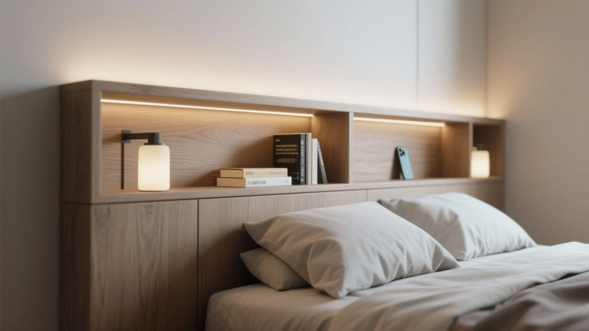 3. Headboard with integrated shelves and bedside niches
