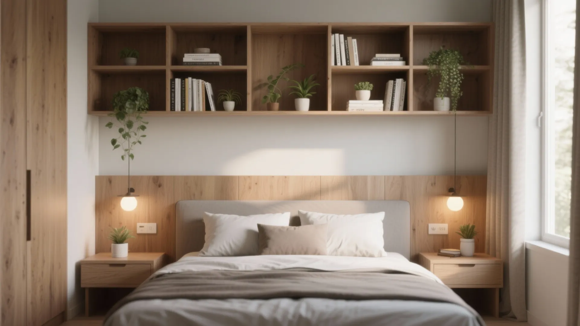 Modern cozy bedroom featuring wooden wall shelves with plants and books above a comfortable bed