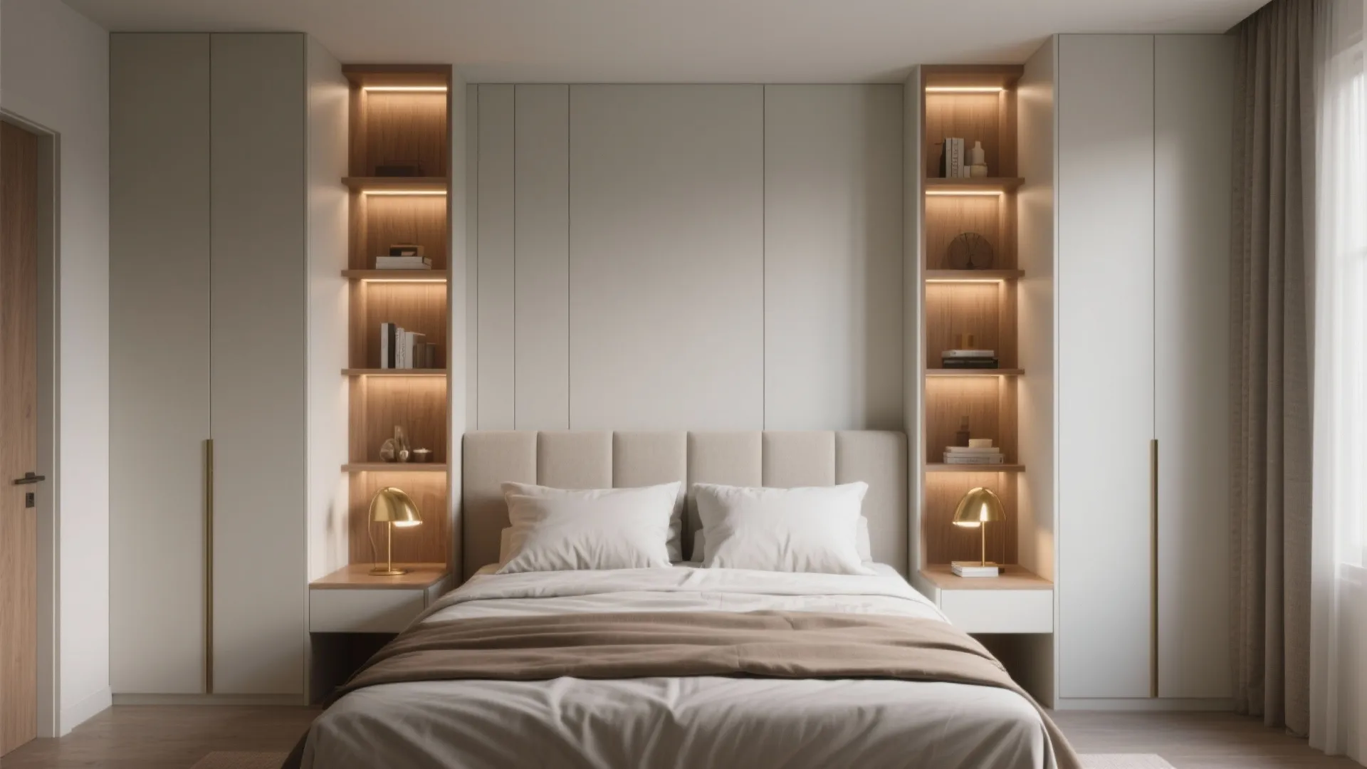 Modern bedroom with white wall cabinets and built in lit wooden shelves on both sides
